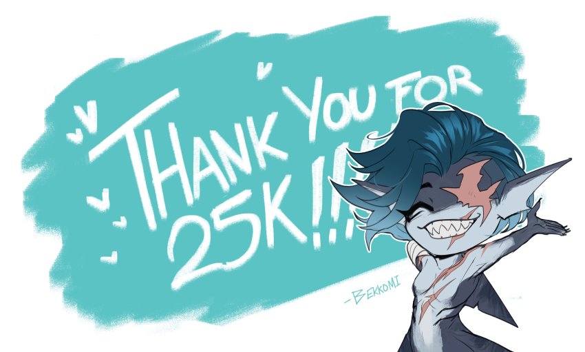 1girl absurdres amputee arm_up artist_name bandages bekkomi blue_hair blue_skin closed_eyes collarbone colored_skin gradient_hair green_background grin highres milestone_celebration multicolored_hair multicolored_skin original pointy_ears scar scar_across_eye scar_on_face sharp_teeth smile solo teeth two-tone_skin white_background