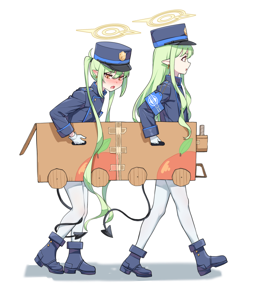 2girls :d blue_archive blue_jacket boots box cardboard_box cardboard_costume carrying curly_hair demon_girl demon_tail embarrassed facing_viewer from_side full_body grey_hair hair_between_eyes halo happy hat highres hikari_(blue_archive) jacket leaning_forward long_hair looking_down looking_to_the_side multiple_girls nozomi_(blue_archive) open_mouth orange_eyes pantyhose playing police_riot_(artist) siblings sisters smile tail tail_around_own_leg tape train twins twintails very_long_hair walking yellow_eyes yellow_halo