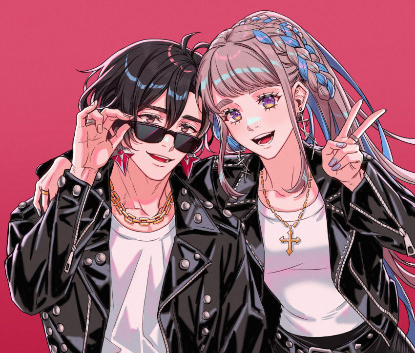 1boy 1girl :d adjusting_eyewear apt._(rose_&amp;_bruno_mars) arm_around_shoulder black_hair black_jacket blue_hair blue_nails braid braided_hair_rings brown_eyes bruno_mars bruno_mars_(cosplay) chain chain_necklace constantine_xi_(fate) cosplay cross cross_earrings cross_necklace dnstar_1019 earrings fate/grand_order fate_(series) grey_hair hair_between_eyes hair_rings hand_up high_ponytail highres jacket jewelry johanna_(fate) leather leather_jacket long_hair long_sleeves looking_at_viewer multicolored_eyes multicolored_hair nail_polish necklace open_clothes open_jacket open_mouth pink_background ponytail purple_eyes ring rose_(blackpink) rose_(blackpink)_(cosplay) shirt short_hair simple_background smile streaked_hair sunglasses swept_bangs teeth two-tone_eyes upper_body v white_shirt yellow_eyes