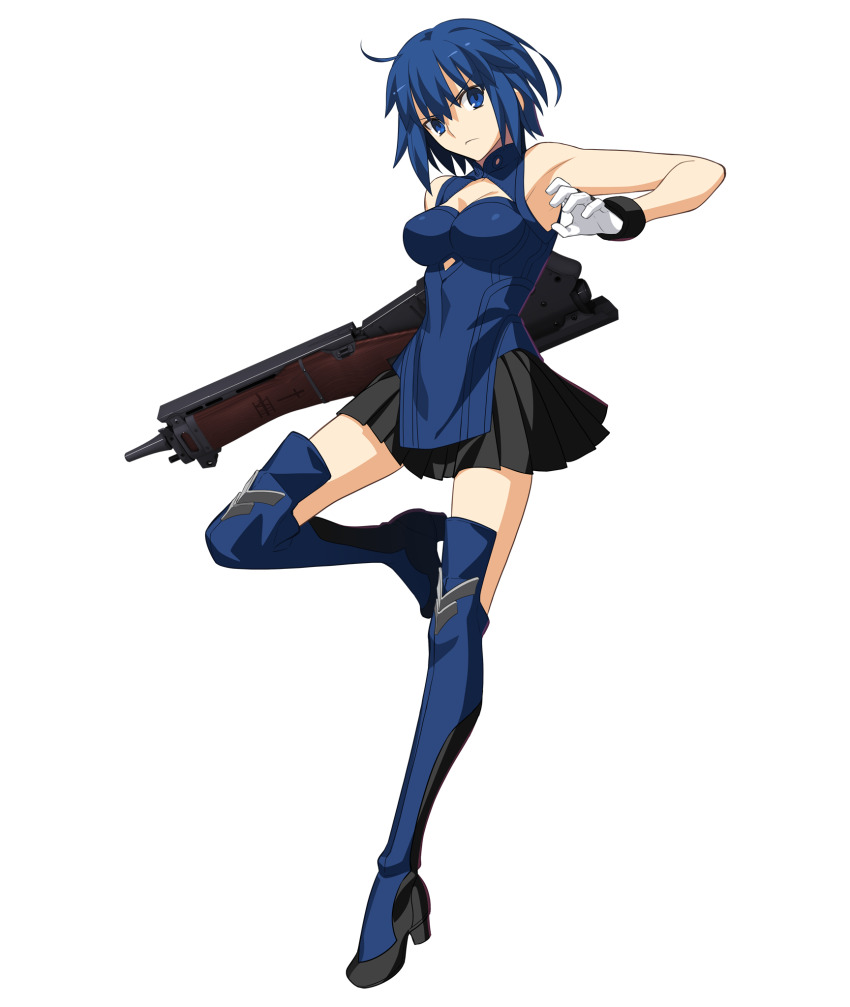 1girl 3d bare_arms bare_shoulders black_skirt blue_boots blue_collar blue_dress blue_eyes blue_hair blue_pupils boots breasts ciel_(tsukihime) cleavage_cutout closed_mouth clothing_cutout collar collared_dress dress full_body game_cg glove_cuffs gloves gun hair_between_eyes high_heel_boots high_heels highres holding holding_gun holding_weapon huge_weapon large_breasts looking_at_viewer melty_blood melty_blood:_type_lumina miniskirt multicolored_boots non-web_source official_art pleated_skirt powered_ciel serious seventh_holy_scripture short_hair skirt sleeveless sleeveless_dress solo takeuchi_takashi thigh_boots tsukihime tsukihime_(remake) two-tone_boots two-tone_gloves type-moon weapon white_gloves