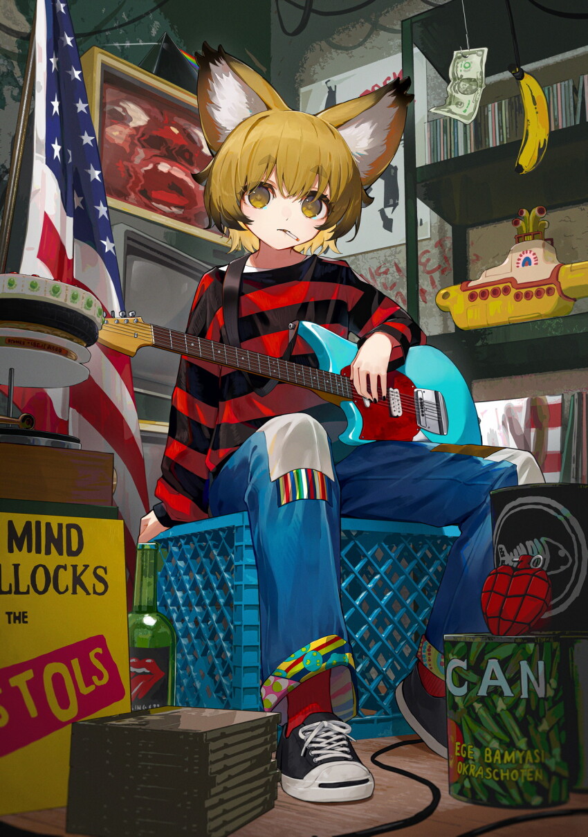 1girl american_flag animal_ears arm_behind_back black_footwear black_shirt blonde_hair can dark_side_of_the_moon denim ebiri_fy fox_ears fox_girl guitar highres in_the_court_of_the_crimson_king indoors instrument jeans king_crimson looking_at_viewer original pants pink_floyd red_shirt red_socks sex_pistols shirt sitting smoking socks solo striped_clothes striped_shirt the_beatles the_rolling_stones yellow_eyes yellow_submarine