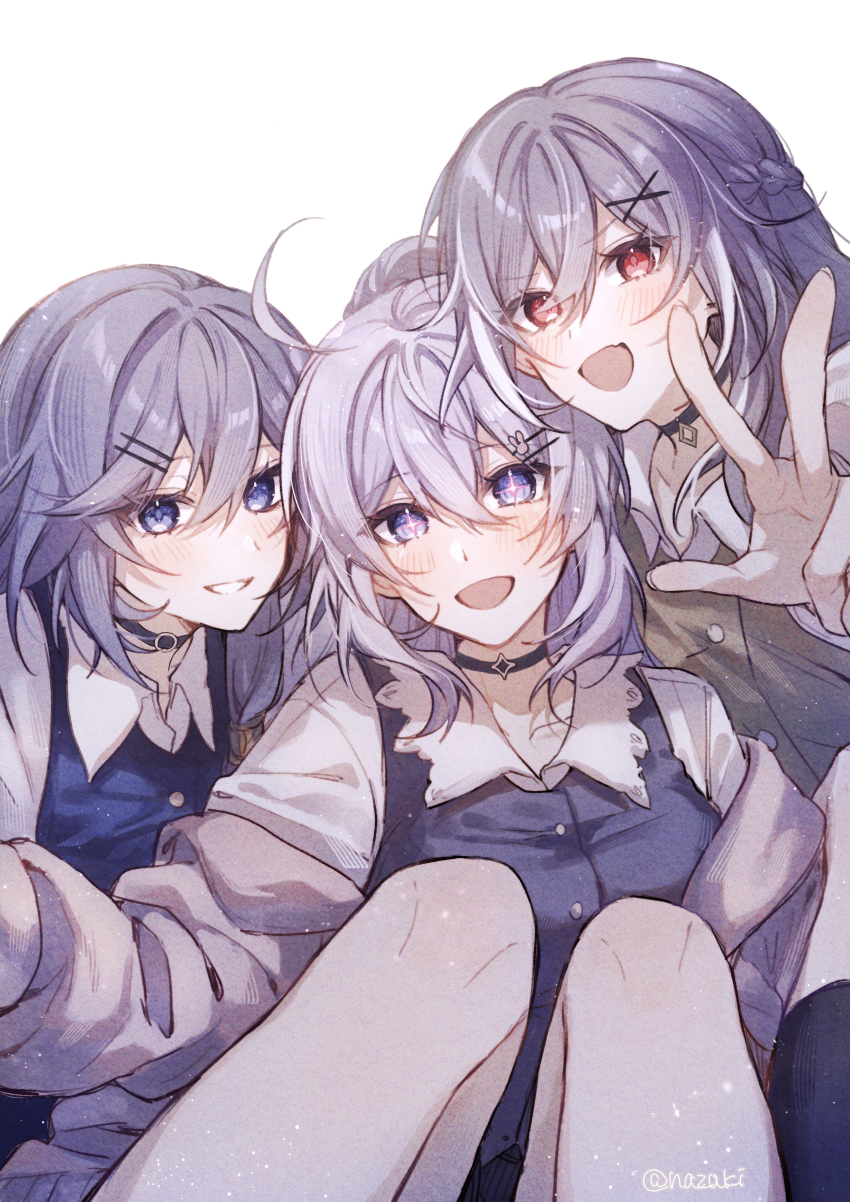 3girls absurdres blue_choker blue_eyes blue_vest bobby_pin braid choker commentary_request fu_hua grey_hair hair_between_eyes hair_ornament hairclip half_up_braid herrscher_of_sentience high_ponytail highres honkai_(series) honkai_impact_3rd kiana_kaslana kiana_kaslana_(herrscher_of_finality) knees_up long_hair long_sleeves looking_at_viewer multiple_girls open_mouth ponytail purple_eyes red_eyes rino_ebe selfie shirt smile vest w white_shirt