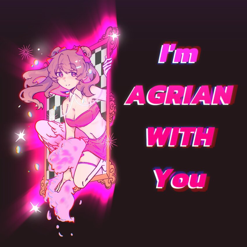 1000-nen_ikiteru_(vocaloid) 1girl animification ariana_griande_(hermitcraft) black_background breasts brown_hair cleavage commentary cover double_bun english_text fake_cover feather_boa genderswap genderswap_(mtf) grian_(youtuber) hair_bun hermitcraft highres long_hair looking_at_viewer michael28472610 midriff minecraft_youtube picture_frame pink_skirt pink_tube_top pun simple_background skirt smile solo strapless symbol-only_commentary tube_top