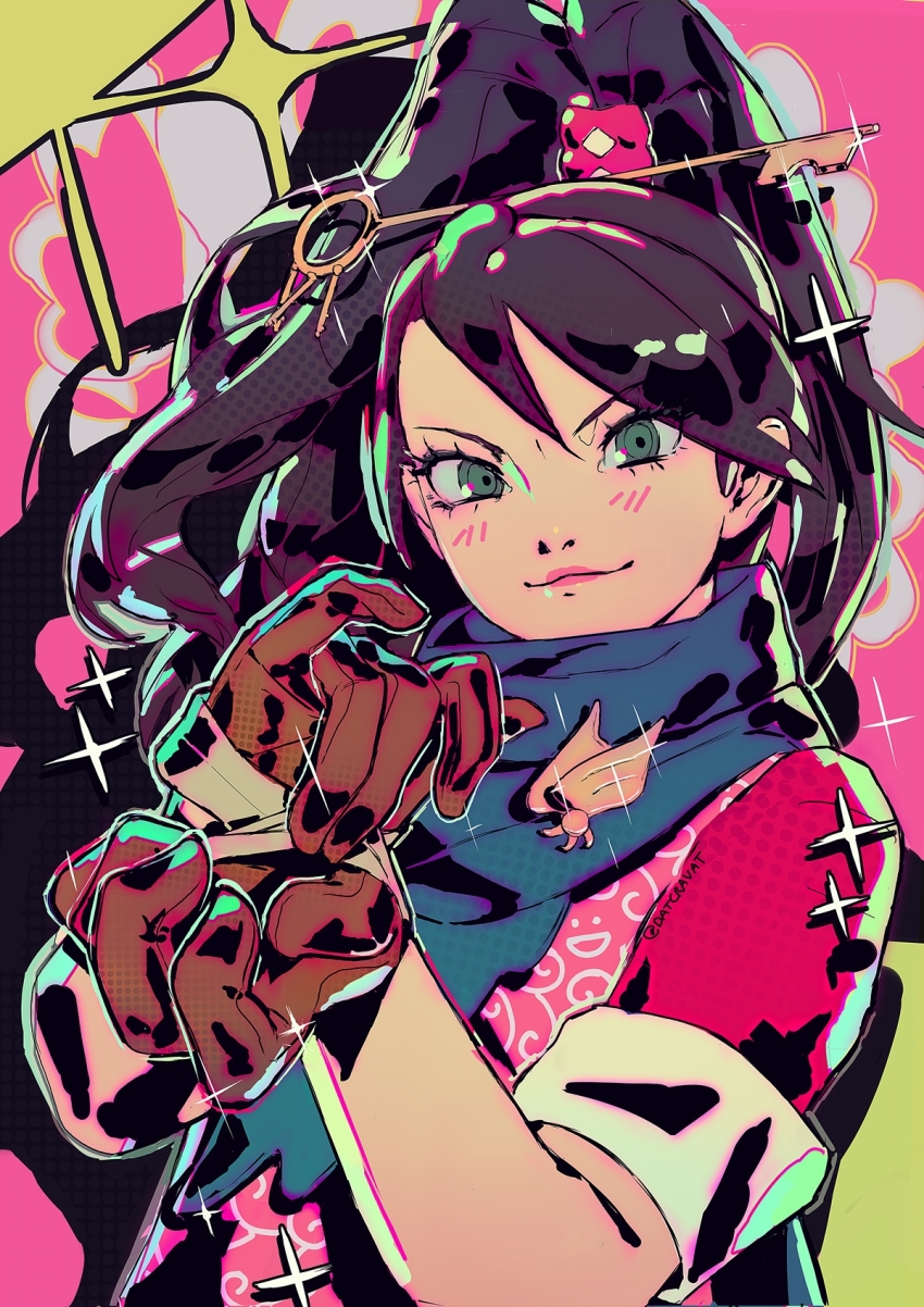 1girl :3 ace_attorney ace_attorney_investigations ace_attorney_investigations_2:_prosecutor&#039;s_gambit black_hair blue_scarf brooch brown_gloves commentary datcravat gloves green_eyes high_ponytail highres jewelry karakusa_(pattern) kay_faraday key_hair_ornament light_blush looking_at_viewer pink_background pink_vest ponytail putting_on_gloves red_shirt scarf shirt smug solo sparkle twitter_username upper_body v-shaped_eyebrows vest wing_brooch
