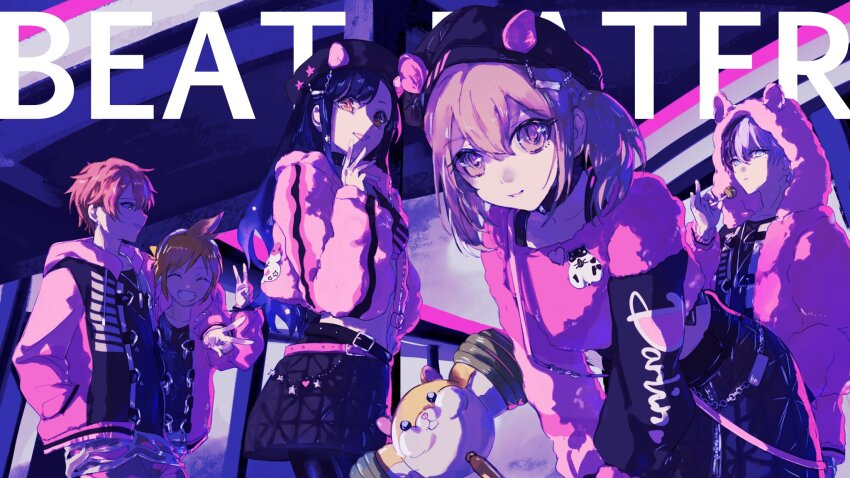 2boys 2girls aoyagi_touya awakening_beat_(project_sekai) azusawa_kohane beat_eater_(vocaloid) belt beret black_hair blonde_hair blue_hair brown_eyes candy closed_eyes closed_mouth commentary_request dark_blue_hair food gradient_hair hand_in_pocket hat highres holding holding_candy holding_food holding_lollipop hood hood_down hood_up hooded_jacket jacket kagamine_len lollipop long_sleeves multicolored_hair multiple_boys multiple_girls official_alternate_costume orange_eyes orange_hair project_sekai shinonome_akito shiraishi_an streaked_hair teeth twintails vivid_bad_squad_(project_sekai) vivid_bad_squad_len yizazazaza