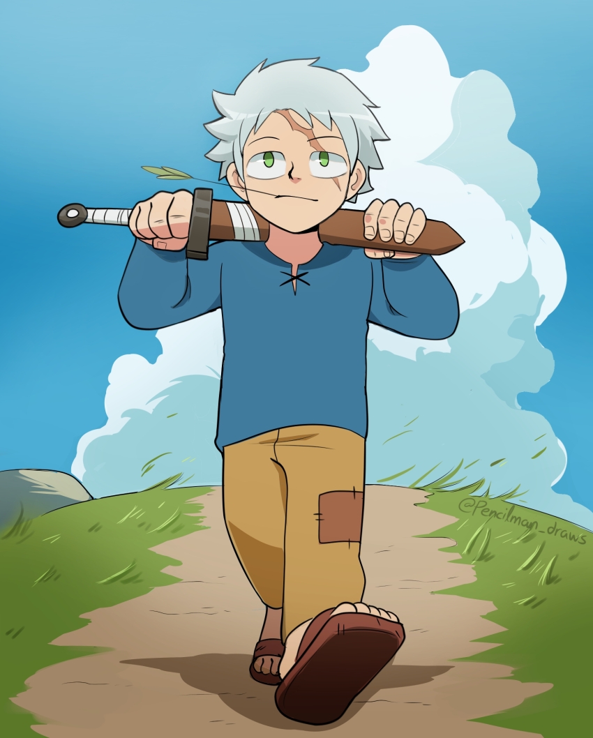 1boy blue_shirt blue_sky brown_pants cloud commentary dirt_road english_commentary full_body grass green_eyes grey_hair highres holding holding_sword holding_weapon light_smile male_focus original pants patch pencilman_draws road sandals scar scar_across_eye scar_on_face scar_on_forehead sheath sheathed shirt signature sky solo sword twitter_username weapon