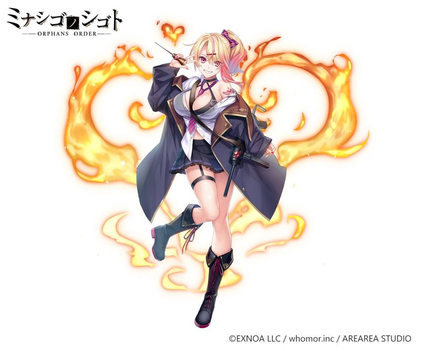 1girl bare_shoulders between_breasts bikini bikini_top_only black_bikini black_boots black_choker black_coat black_skirt blonde_hair boots bow breasts choker cleavage coat copyright_notice diagonal-striped_bow diagonal-striped_clothes diagonal-striped_necktie diagonal-striped_neckwear fire grin gun hair_between_eyes hair_bow hair_ornament hairclip hand_up heart highres holding ice_pick knee_boots lace-up_boots large_breasts long_sleeves looking_at_viewer m3_submachine_gun multicolored_hair nail_polish navel necktie necktie_between_breasts off_shoulder official_art open_clothes open_coat open_shirt orphans_order parted_bangs pleated_skirt red_bow red_eyes red_hair red_nails ryuuki_(hydrangea) see-through_clothes shirt simple_background skirt sleeves_past_wrists smile solo standing standing_on_one_leg streaked_hair striped_clothes striped_necktie striped_neckwear submachine_gun swimsuit watermark weapon white_background white_shirt