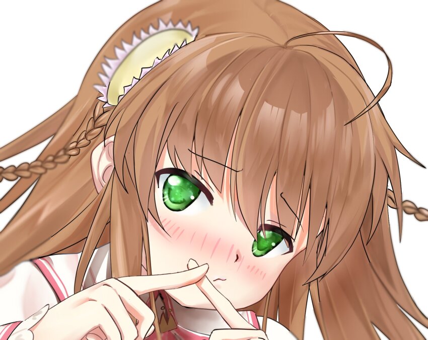 1girl ahoge blush braid brown_hair closed_mouth dress eyes_visible_through_hair floating_hair flower furrowed_brow green_eyes hair_between_eyes hair_flower hair_ornament hands_up highres kanbe_kotori kazamatsuri_institute_high_school_uniform long_hair looking_at_viewer miraikanai nose_blush pink_flower portrait pout rewrite school_uniform simple_background solo twin_braids white_background white_dress x_fingers