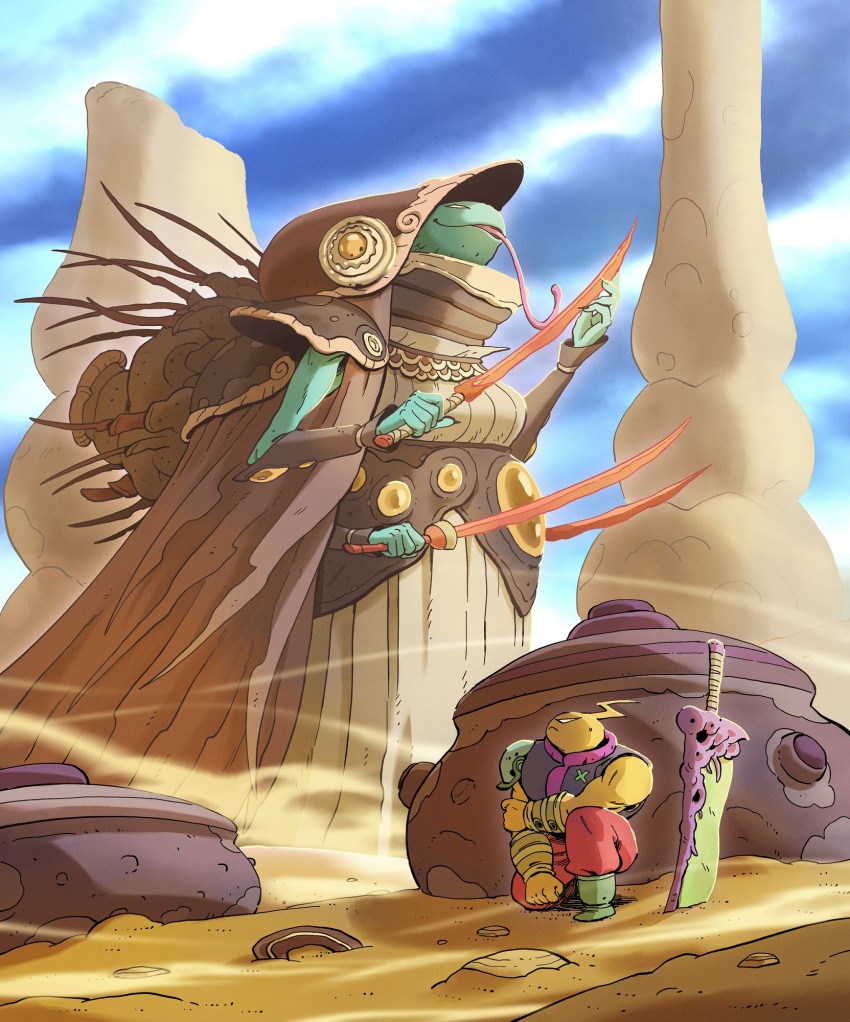 1boy armor bandaged_arm bandages boots cloak desert dress dust extra_arms facing_to_the_side hiding highres holding holding_sword holding_weapon hood hooded_cloak long_tongue migamigami monster nature original outdoors pants pillar planted planted_sword planted_weapon pottery reptile_girl rock sand shoulder_armor sky sword tongue unsheathed weapon wind