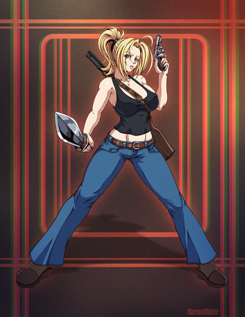 1girl alexandra_roivas belt black_tank_top blonde_hair blue_eyes denim eternal_darkness:_sanity&#039;s_requiem gladius gun handgun highres jeans karosu_maker looking_at_viewer nintendo pants ponytail pump-action_shotgun revolver s&amp;w_model_637_airweight short_sword shotgun silicon_knights sword tank_top weapon winchester_model_1300