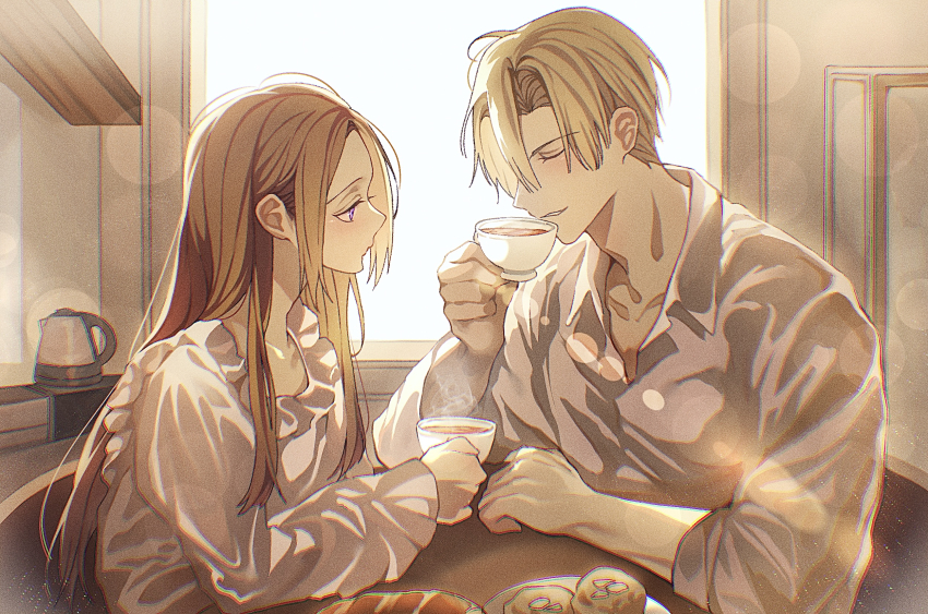 1boy 1girl blonde_hair chair closed_mouth collarbone collared_shirt couple cup dappled_sunlight dated_commentary dimitri_alexandre_blaiddyd dress edelgard_von_hresvelg fire_emblem fire_emblem:_three_houses food frilled_dress frilled_sleeves frills from_side hair_down hair_over_one_eye hand_up hetero highres holding holding_cup indoors light_particles long_hair long_sleeves nightgown nintendo pajamas parted_bangs parted_lips purple_eyes shirt short_hair sitting sleeves_rolled_up soma_otakuu sunlight table teacup