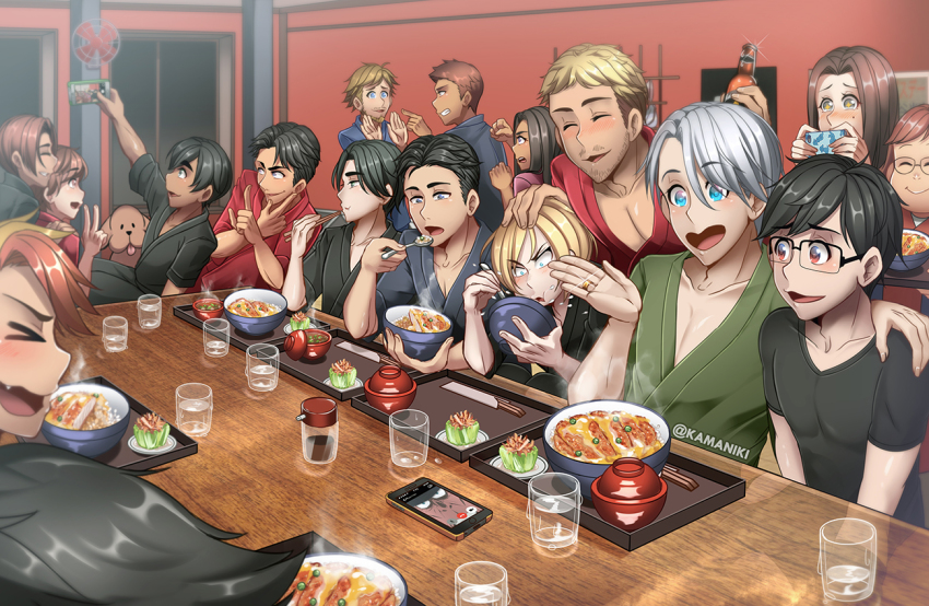+_+ 10s 3girls 6+boys ^_^ artist_name bad_id bad_pixiv_id beard beer_bottle black_hair blonde_hair blue_eyes blush bowl brown_eyes brown_hair cellphone chopsticks christophe_giacometti closed_eyes cup dark-skinned_male dark_skin dog drinking_glass eating emil_nekola closed_eyes facial_hair fang food green_eyes grey_eyes hand_on_another&#039;s_head hand_on_another&#039;s_shoulder it&#039;s_j.j._style! japanese_clothes jean-jacques_leroy jewelry ji_guang-hong kamaniki katsudon_(food) katsuki_hiroko katsuki_yuuri lee_seung-gil leo_de_la_iglesia makkachin michele_crispino minami_kenjirou mole mole_under_eye multicolored_hair multiple_boys multiple_girls okukawa_minako open_mouth otabek_altin phichit_chulanont phone pointing red_hair ring sara_crispino selfie silver_hair smartphone smile sparkle spoon table tears v viktor_nikiforov yakov_feltsman yuri!!!_on_ice yuri_plisetsky