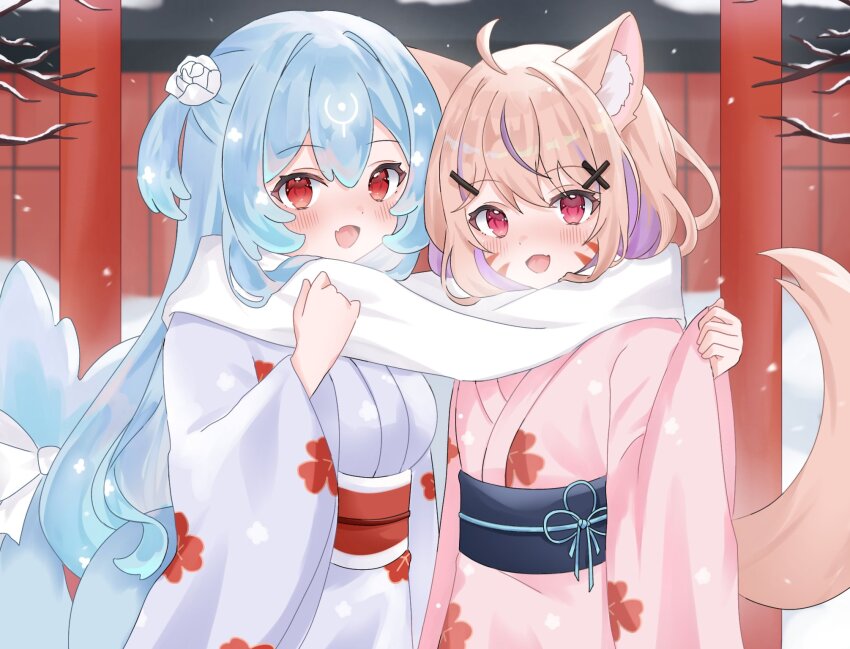2girls ahoge animal_ears astrachan949 bao_(vtuber) blonde_hair blue_hair blush breasts cat_ears cat_girl cat_tail cetacean_tail colored_inner_hair commission facial_mark fang fins fish_tail highres indie_virtual_youtuber japanese_clothes kimono long_hair looking_at_viewer medium_breasts multicolored_hair multiple_girls obi obijime open_mouth purple_hair red_eyes sash scarf shared_clothes shared_scarf shyrei_faolan skin_fang snowing tail torii two-tone_hair virtual_youtuber whisker_markings