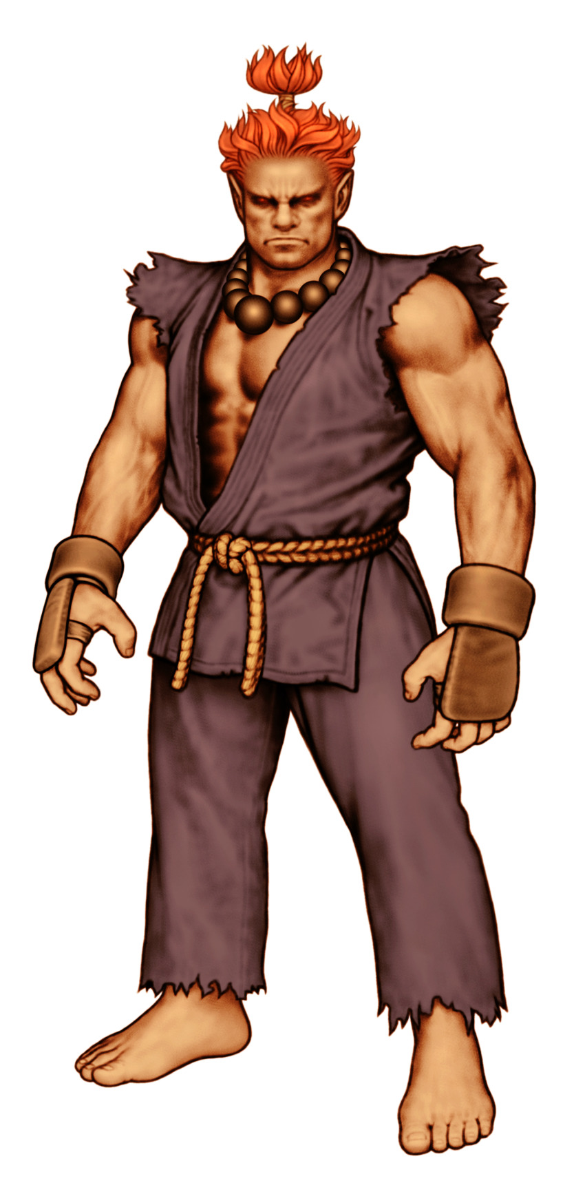 1boy absurdres akuma_(street_fighter) barefoot beads black_dougi capcom_vs_snk dougi facing_viewer fingerless_gloves frown full_body game_cg gloves highres looking_at_viewer male_focus martial_arts_belt mma_gloves mori_toshiaki muscular muscular_male non-web_source official_art prayer_beads red_eyes red_hair rope_belt sleeveless solo street_fighter topknot torn_clothes torn_sleeves veins veiny_arms white_background