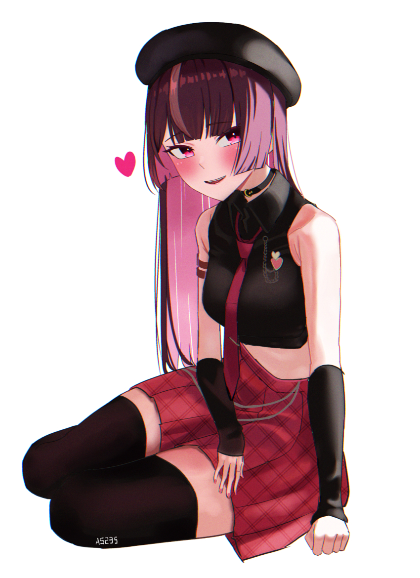 1girl a5235 arm_strap artist_name bare_shoulders belly_chain beret black_collar black_hat black_shirt black_sleeves black_thighhighs blunt_bangs blunt_sidelocks breasts brown_hair collar collared_shirt colored_inner_hair crop_top detached_sleeves hat heart highres jewelry jururu long_hair looking_at_viewer medium_breasts miniskirt multicolored_hair necktie pink_hair plaid_clothes plaid_skirt pleated_skirt purple_eyes purple_hair red_necktie red_skirt shirt sidelocks simple_background sitting skirt sleeveless sleeveless_shirt solo streaked_hair thighhighs thighs virtual_youtuber waktaverse white_background wing_collar yokozuwari zettai_ryouiki