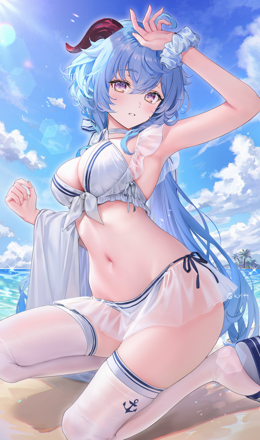 1girl ahoge alternate_costume arm_up armpits bare_arms bare_shoulders bikini blue_hair blush breasts choker day frilled_bikini frills front-tie_bikini_top front-tie_top ganyu_(genshin_impact) genshin_impact goat_horns hair_between_eyes highres horns large_breasts long_hair looking_at_viewer navel on_one_knee outdoors parted_lips presenting_armpit purple_eyes ribbon_choker rity sandals scrunchie see-through_clothes side-tie_bikini_bottom sidelocks solo stomach string_bikini swimsuit thighhighs thighs very_long_hair white_bikini white_choker white_thighhighs wrist_scrunchie