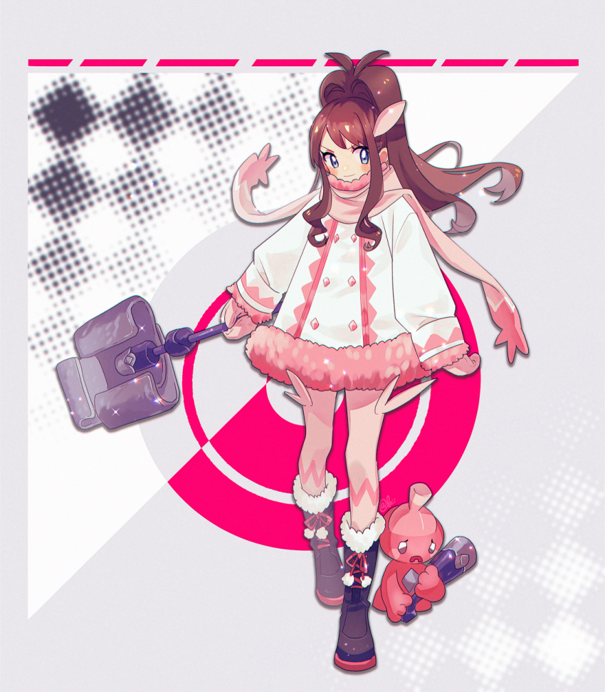 alternate_costume brown_hair cosplay highres hii_(hii101) hilda_(pokemon) nintendo pokemon pokemon_(creature) pokemon_bw ponytail tinkatink tinkatuff tinkatuff_(cosplay)