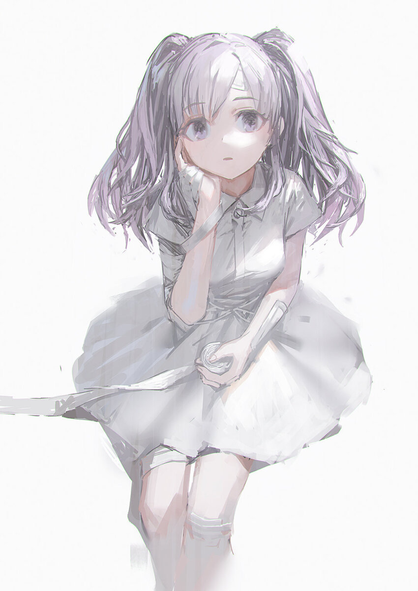 1girl dress grey_hair highres idolmaster idolmaster_shiny_colors long_hair open_mouth purple_eyes reoen sitting solo twintails white_dress yukoku_kiriko