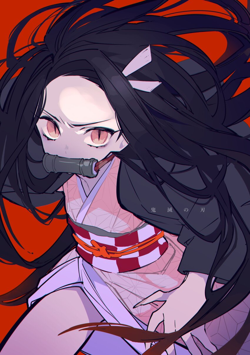 1girl absurdres bamboo bit_gag black_hair brown_hair checkered_haori checkered_sash forehead gag gagged gradient_hair hair_ribbon haori highres japanese_clothes kamado_nezuko kimetsu_no_yaiba kimono long_hair long_sleeves looking_at_viewer mochizuki_kei multicolored_hair pink_eyes pink_kimono pink_ribbon red_background ribbon sash simple_background solo very_long_hair
