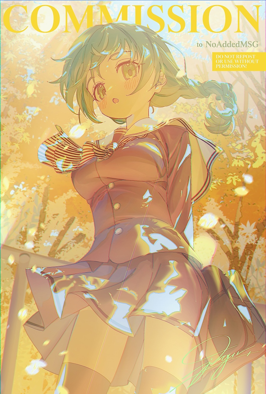 1girl absurdres bag blush braid commentary_request commission cowboy_shot day floating_hair green_hair hidamari_sketch highres holding holding_bag jdge long_hair long_sleeves looking_at_viewer miniskirt natsume_(hidamari_sketch) open_mouth outdoors pleated_skirt school_bag school_uniform signature skirt solo standing thighhighs watermark yamabuki_high_school_uniform