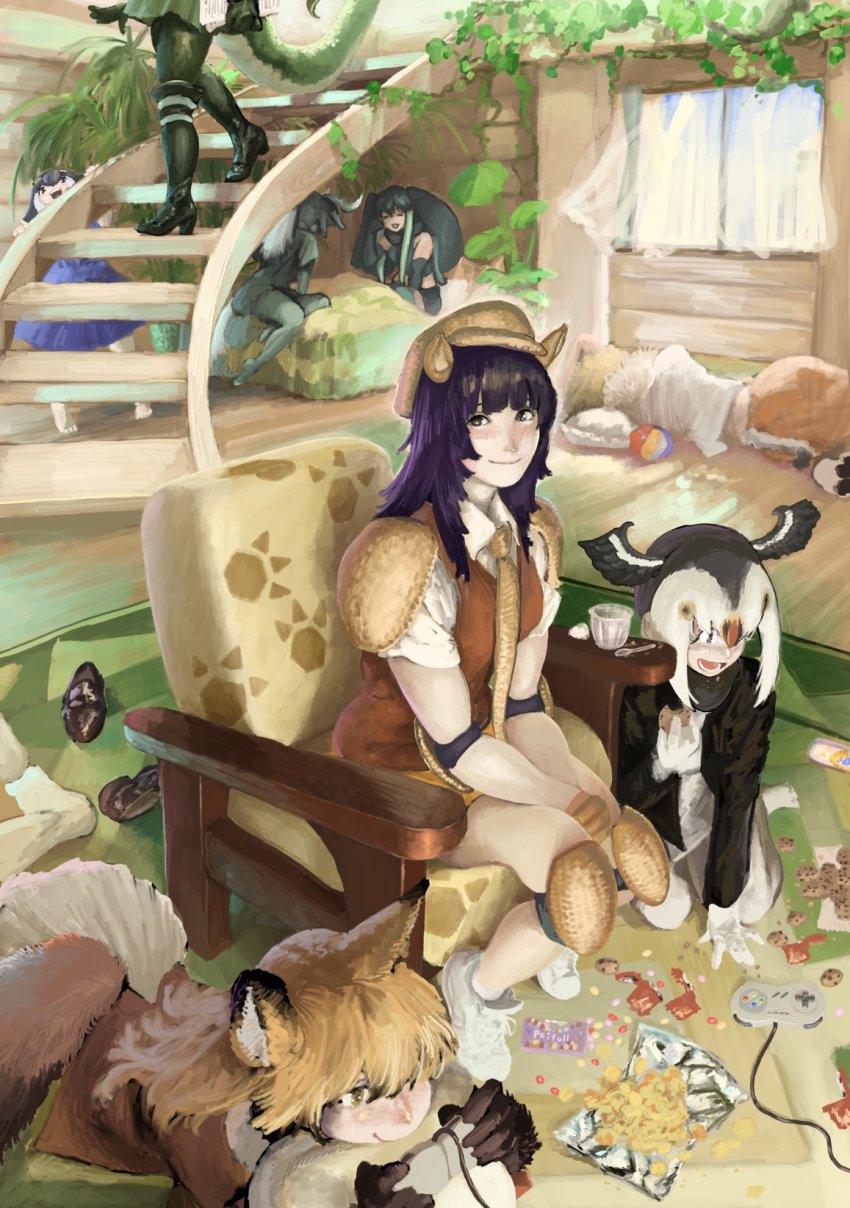 6+girls african_elephant_(kemono_friends) animal_ears arm_rest arm_support armadillo_ears armchair armor atlantic_puffin_(kemono_friends) bag_of_chips ball barefoot bird_wings black_hair black_wildebeest_(kemono_friends) blonde_hair blush boots chair chips_(food) closed_mouth common_dolphin_(kemono_friends) controller cookie curtains day easy_chair elbow_gloves elbow_pads elephant_ears ezo_red_fox_(kemono_friends) fisheye floating_curtains food fox_ears fox_girl fox_tail friends fur_collar game_controller gamepad giant_armadillo_(kemono_friends) gloves hat head_wings highres holding holding_controller holding_game_controller horns indoors jacket kemono_friends kemono_friends_3 knee_pads kneeling knees_together_feet_apart leaf leaning_forward lion_(kemono_friends) lion_tail long_hair long_sleeves looking_at_another looking_at_object looking_at_viewer looking_up lying multicolored_hair multiple_girls on_bed on_side on_stomach open_mouth open_window own_hands_together plant playing_games potato_chips r_birdy red_hair scarf shirt shoes short_sleeves shoulder_armor sitting sleeveless sleeveless_shirt slice_of_life smile snack snake_tail sneakers stairs super_famicom_gamepad tail toes vest vines walking white_hair wind window wings wooden_floor