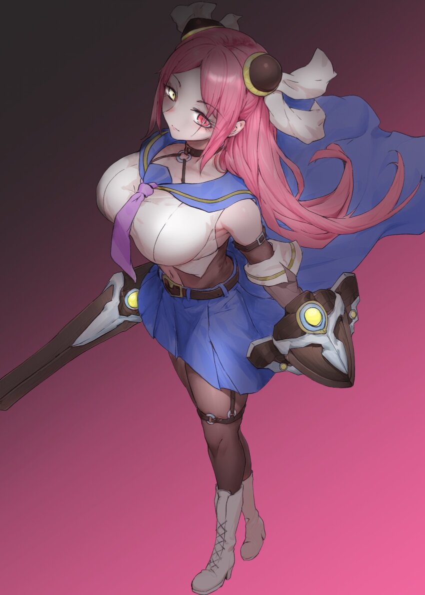 1girl arm_belt arms_at_sides assault_lily bare_shoulders belt belt_buckle black_background black_belt black_choker blue_sailor_collar blue_skirt boots border breasts brown_pantyhose brown_shirt buckle choker closed_mouth clothing_cutout commentary_request crop_top crossed_legs detached_sleeves floating_cape floating_hair from_above full_body gradient_background hairpods heterochromia high_heel_boots high_heels highres holding holding_shield holding_sword holding_weapon knee_boots lace-up_boots large_breasts layered_sleeves long_hair long_sleeves looking_at_viewer looking_up miniskirt navel neckerchief o-ring o-ring_choker o-ring_thigh_strap odaiba_girls_high_school_uniform pantyhose parted_bangs pink_background pleated_skirt purple_neckerchief red_eyes red_hair sailor_collar school_uniform serafuku shiba_tomoshibi shield shirt skirt sleeveless sleeveless_shirt solo standing stomach_cutout sword thigh_strap undershirt waist_cape watson_cross weapon white_border white_shirt yatenkou_(yaten_k) yellow_eyes