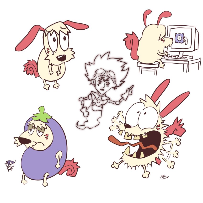 angela_anaconda angela_anaconda_(character) beelzebumon computer cosplay courage_(character) courage_the_cowardly_dog crying digimon eggplant eggplant_costume goggles goggles_on_head gun highres kuramon labramon meme open_mouth sad weapon yagami_taichi yagami_taichi_(cosplay)