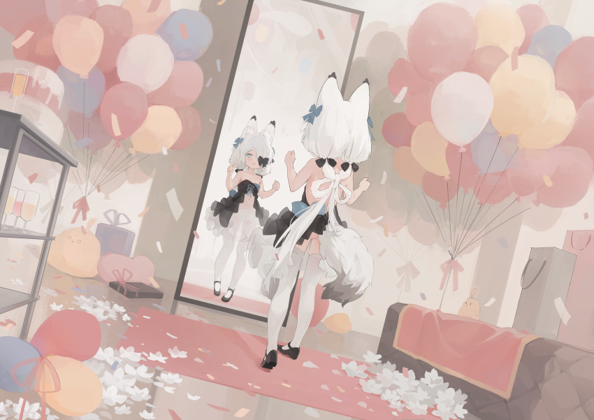 1girl absurdres alternate_costume animal_ear_fluff animal_ears azur_lane bag balloon black_bow black_dress black_shoes blue_bow blue_eyes bow box cake champagne_flute clothing_cutout cup dress drinking_glass flower food fox_ears fox_tail frilled_skirt frills full_body gift gift_box hair_bow hair_over_one_eye highres kasumi_(azur_lane) kasumi_1118 looking_at_mirror low_twintails manjuu_(azur_lane) mary_janes mirror navel_cutout open_mouth shoes skirt smile solo standing swept_bangs tail thighhighs twintails twintails_with_braided_base white_flower white_hair white_skirt white_thighhighs