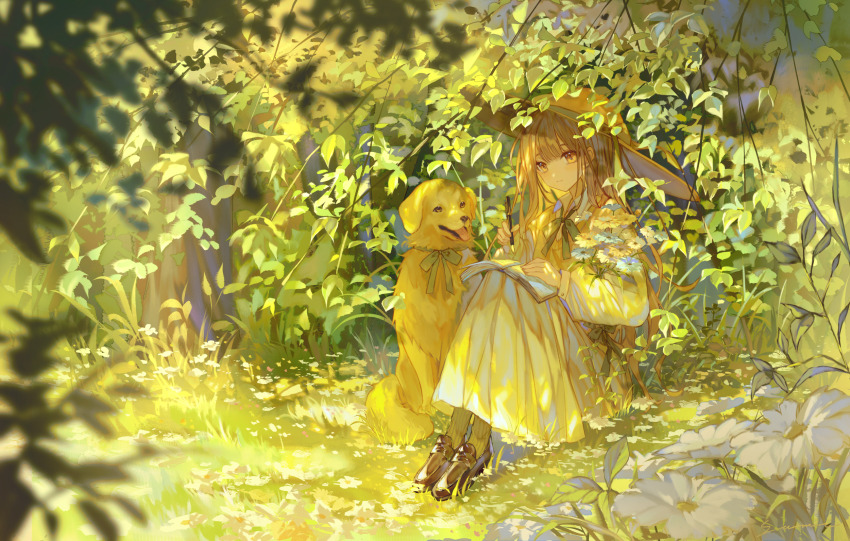 1girl blue_bow blue_bowtie book bouquet bow bowtie brown_eyes brown_hair brown_shoes closed_mouth collared_shirt commentary day dog dog_request dress flower foliage grass hat highres holding holding_pen knees_up loafers long_dress long_hair long_sleeves nature nib_pen_(object) on_grass open_book original outdoors pen scenery shirt shoes sitting smile socks solo sumi_0525 sun_hat symbol-only_commentary very_long_hair white_dress white_flower white_socks wide_shot