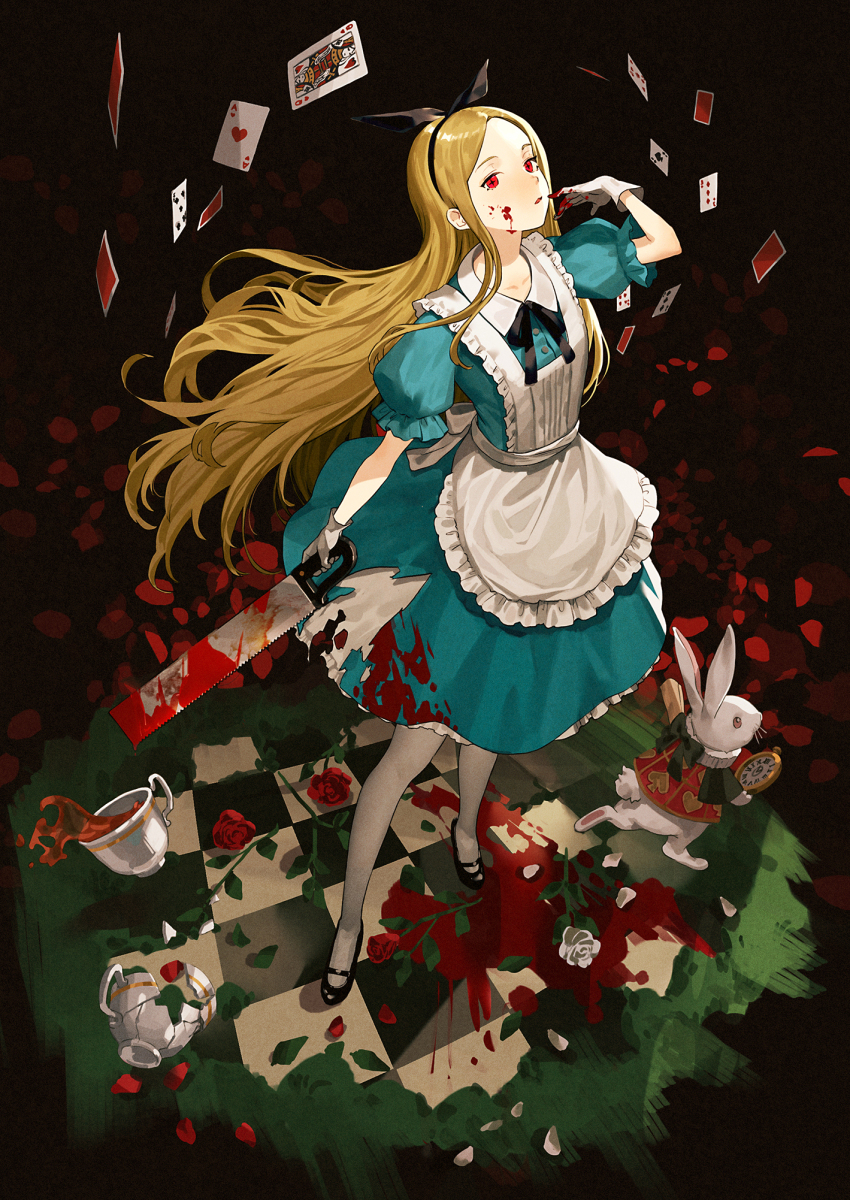 1girl ace_(playing_card) ace_of_hearts ace_of_spades alice_(alice_in_wonderland) alice_in_wonderland animal apron black_background black_bow black_bowtie black_hairband black_shoes blonde_hair blood blood_on_cheek blood_on_clothes bloody_weapon bow bowtie broken_cup buttons card checkered_floor clothed_animal collared_dress cup dress expressionless flower frilled_apron frilled_dress frilled_sleeves frills full_body glass_shards gloves hair_bow hairband heart highres holding holding_pocket_watch holding_weapon king_(playing_card) king_of_hearts_(playing_card) layered_dress long_hair looking_at_viewer mary_janes original pantyhose parted_lips petals playing_card pocket_watch pool_of_blood puffy_short_sleeves puffy_sleeves rabbit red_eyes red_flower red_rose red_shirt rose rose_petals saw shirt shoes short_sleeves solo spade_(shape) spill standing takenoko_(531) tea teacup torn_clothes torn_dress very_long_hair watch weapon white_apron white_flower white_gloves white_pantyhose white_rabbit_(alice_in_wonderland) white_rose