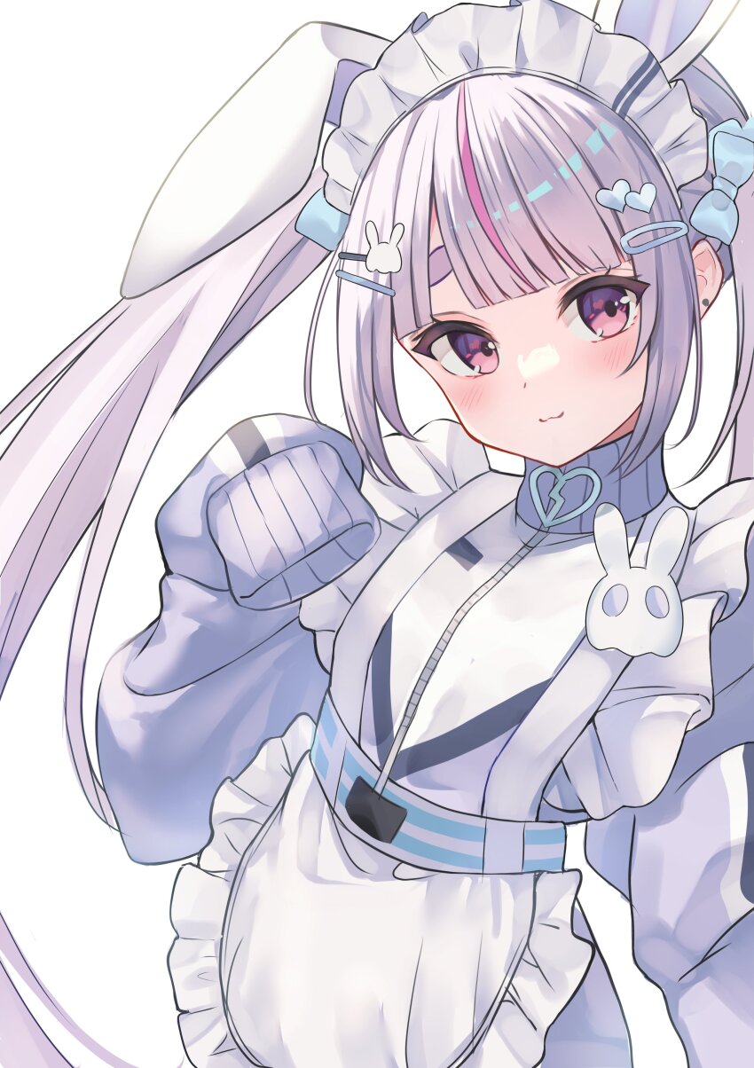 1girl :3 absurdres animal_ear_hairband animal_ears apron bow cattleya_regina_games earrings fake_animal_ears frilled_apron frills grey_jacket hair_bow hair_ornament hairband hairpin highres jacket jersey_maid jewelry long_sleeves looking_at_viewer maid maid_headdress multicolored_hair multiple_hairpins parted_bangs pink_eyes rabbit_ears simple_background sleeves_past_fingers sleeves_past_wrists solo streaked_hair stud_earrings thick_eyebrows tihayasan-ktkr tosaki_mimi tosaki_mimi_(4th_costume) track_jacket twintails unconventional_maid upper_body virtual_youtuber vspo! white_apron white_background white_hair