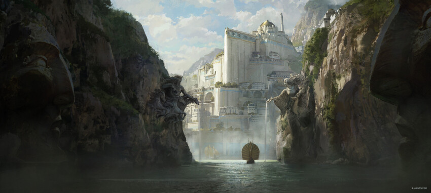absurdres city cliff dome fantasy highres no_humans numenor renart rings_of_power river scenery statue tolkien&#039;s_legendarium tower water