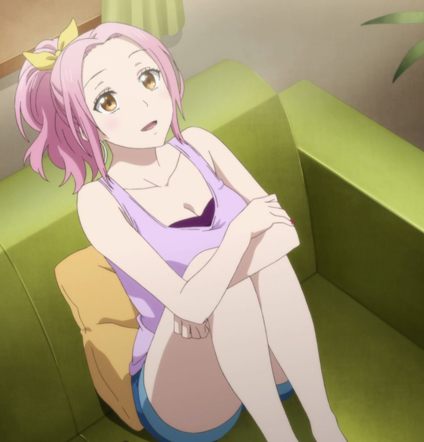 10s 1girl anime_screenshot bare_shoulders breasts brown_eyes cleavage couch female_focus green_upholstery hair_ribbon long_hair open_mouth pink_hair ponytail ribbon sarushima_maria shorts sitting solo yamada-kun_to_7-nin_no_majo