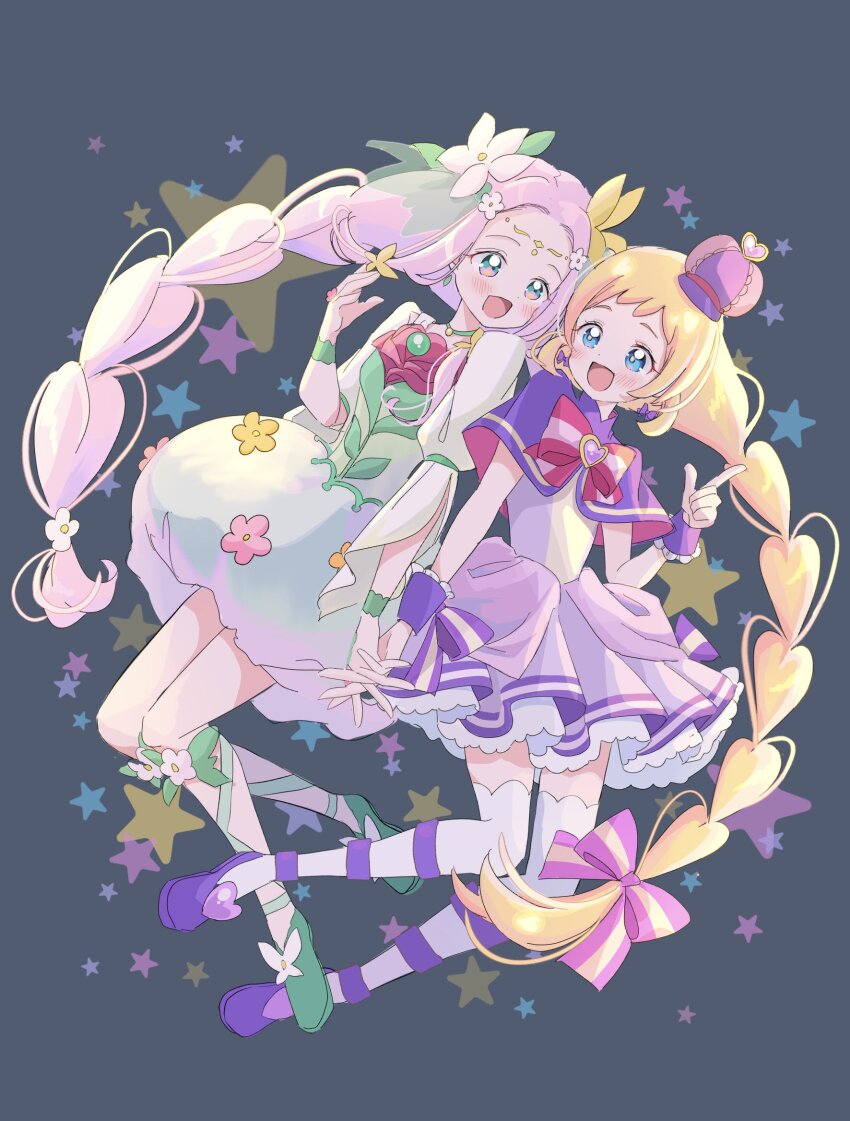 2girls back-to-back blonde_hair blue_eyes bow bowtie braid brooch capelet commentary cure_felice cure_friendy dress dress_bow earrings flat_cap floating flower flower_brooch green_dress green_eyes green_footwear hair_flower hair_ornament hanami_kotoha hat head_chain heart heart_brooch highres holding_hands in-franchise_crossover index_finger_raised interlocked_fingers inukai_iroha jewelry lilylily0601 long_hair long_sleeves looking_at_another magical_girl mahou_girls_precure! multicolored_eyes multiple_girls pink_hair precure purple_bow purple_capelet purple_dress purple_footwear purple_hat red_bow red_bowtie red_flower red_rose rose shoes short_dress star_(symbol) thighhighs twin_braids very_long_hair white_thighhighs wonderful_precure! wrist_cuffs