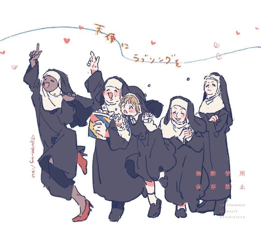 5girls ^_^ blush closed_eyes commentary_request dark-skinned_female dark_skin dress food hazime high_heels multiple_girls nun popcorn red_shoes reverend_mother_(sister_act) shoes simple_background sister_act sister_mary_patrick sister_mary_robert smile white_background