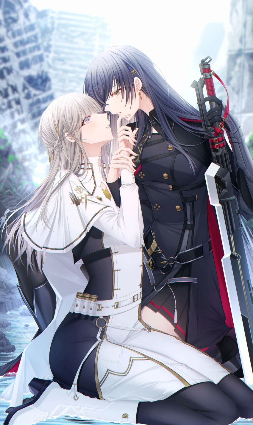 2girls absurdres black_footwear black_hair black_jacket black_skirt boots brown_eyes capelet commentary commentary_request day earrings english_commentary eye_contact hakuchou_(towa_tsugai) half_updo highres holding holding_another&#039;s_wrist holding_sword holding_weapon jacket jewelry karasu_(towa_tsugai) kneeling long_hair looking_at_another mixed-language_commentary multiple_girls outdoors pants parted_lips pleated_skirt ruins sieka_(piiroinardesco) skirt sword towa_tsugai weapon white_capelet white_footwear white_hair white_jacket white_pants yuri