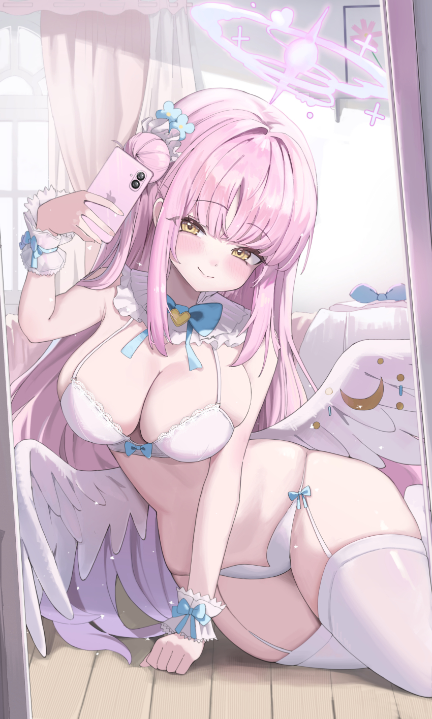 1girl absurdres angel_wings arm_support bare_shoulders bed blue_archive blue_bow blue_bowtie blush bow bow_bra bow_panties bowtie bra breasts cleavage commentary commentary_request curtains detached_collar english_commentary flower full-length_mirror garter_straps hair_bun hair_flower hair_ornament halo hand_up head_tilt highres holding holding_phone indoors korean_commentary large_breasts light_particles long_hair looking_at_viewer low_wings lying mika_(blue_archive) mirror mixed-language_commentary panties phone picture_frame pink_hair pink_halo pipi_ya reflection sidelocks single_side_bun smile solo taking_picture thighhighs underwear underwear_only very_long_hair white_bra white_panties white_thighhighs white_wings white_wrist_cuffs window wing_ornament wings wrist_bow wrist_cuffs yellow_eyes