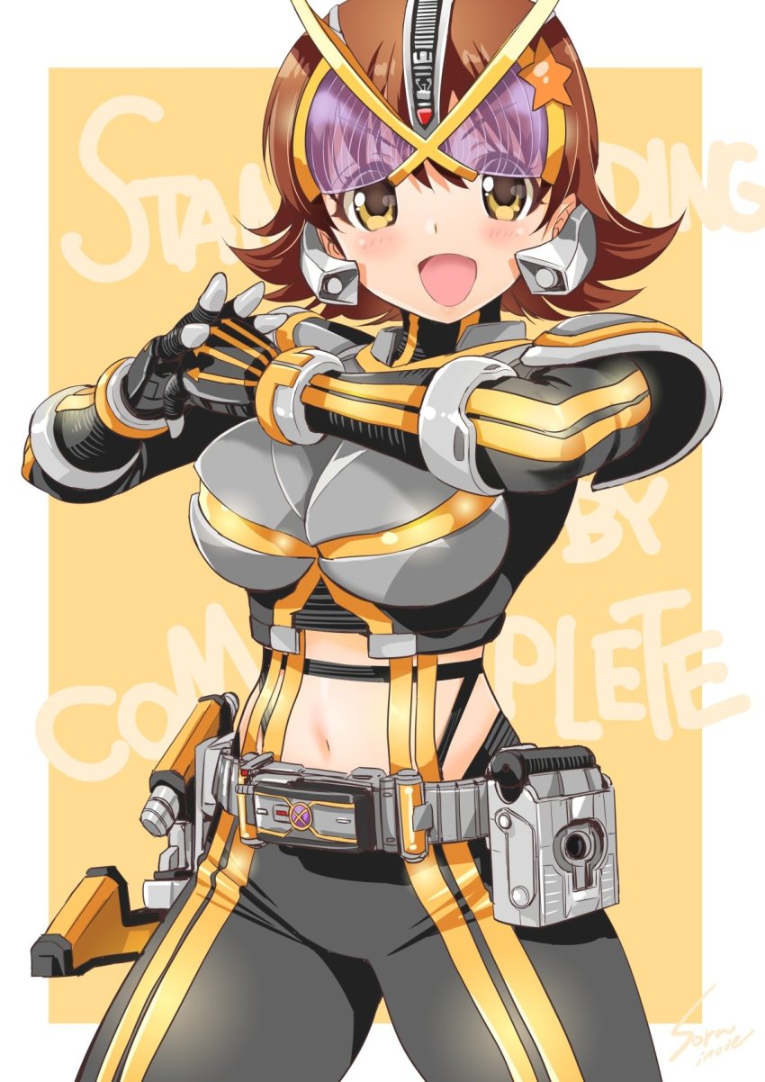 1girl belt brown_hair cosplay cowboy_shot female_focus highres honda_mio idolmaster idolmaster_cinderella_girls idolmaster_cinderella_girls_starlight_stage inoue_sora kamen_rider kamen_rider_555 kamen_rider_kaixa looking_at_viewer mask midriff navel open_mouth solo standing yellow_background yellow_eyes
