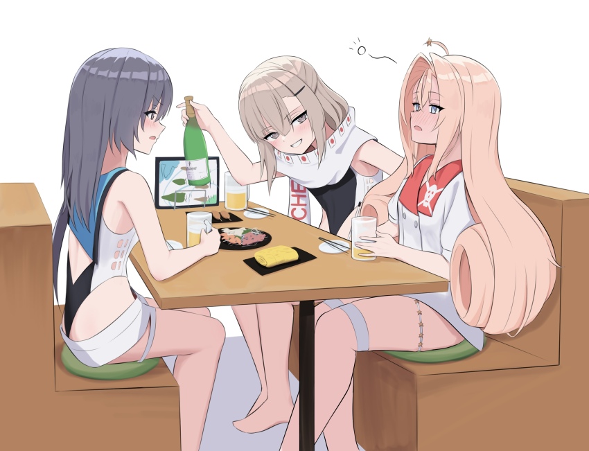 3girls alcohol american_flag american_flag_print american_flag_skirt black_one-piece_swimsuit bottle chopsticks coat cup drinking drum_(kancolle) drunk flag_print food grey_eyes grey_hair hair_ornament hair_rings highleg highleg_one-piece_swimsuit highres holding holding_bottle holding_cup japanese_flag jewelry kantai_collection kill_markings l_meet long_hair multiple_girls one-piece_swimsuit pink_hair print_skirt scamp_(kancolle) scarf shorts simple_background sitting skirt smile star_(symbol) star_hair_ornament star_ornament sushi swimsuit swimsuit_under_clothes table thighlet two-tone_one-piece_swimsuit very_long_hair wahoo_(kancolle) white_coat white_scarf white_shorts