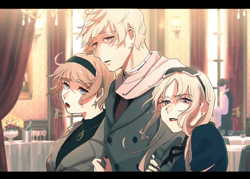 2boys 2girls axis_powers_hetalia belarus_(hetalia) black_border black_bow black_dress black_hair black_hairband black_jacket black_necktie black_pants black_ribbon black_shirt black_sweater black_vest blonde_hair blue_eyes border bottle bow brother_and_sister bucket buttons chandelier commentary_request cup curtains dress drinking_glass earrings faceless faceless_male fingernails flower gold_necklace grey_jacket hair_between_eyes hair_bow hairband highres indoors jacket jewelry lapels lips long_fingernails long_sleeves looking_at_viewer multiple_boys multiple_girls neck_ribbon necklace necktie open_mouth pants pcpc_onaka picture_frame purple_eyes red_lips red_nails ribbon russia_(hetalia) scarf shirt short_hair siblings sidelocks sisters standing sweater table teeth turtleneck turtleneck_sweater ukraine_(hetalia) upper_body v-shaped_eyebrows vest white_scarf white_shirt window yellow_flower