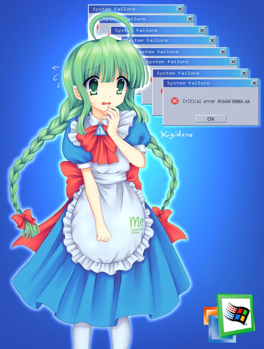 1girl absurdres ahoge apron artist_name back_bow blue_background blue_dress bow bowtie braid dress error_message feet_out_of_frame flying_sweatdrops frilled_apron frills green_eyes green_hair hair_bow hand_to_own_mouth hand_up highres kigidere long_hair me-tan microsoft_windows open_mouth os-tan pantyhose puffy_short_sleeves puffy_sleeves red_bow red_bowtie short_sleeves sign solo standing twin_braids very_long_hair warning_sign white_apron white_pantyhose window_(computing) windows_classic windows_logo windows_me