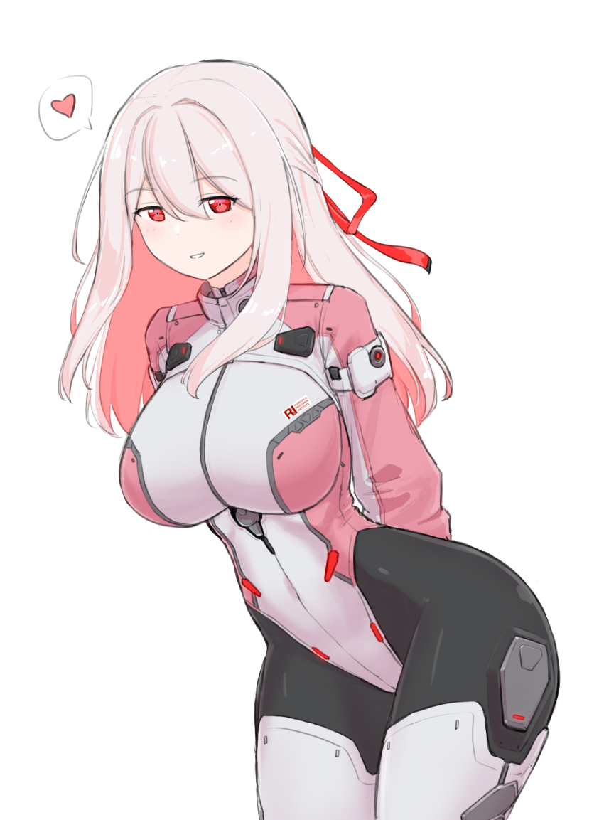 1girl absurdres armored_core armored_core_vi:_fires_of_rubicon arms_behind_back ayre_(armored_core_vi) bodysuit breasts colored_inner_hair heart highleg highres large_breasts leaning_forward long_hair looking_at_viewer maxilax multicolored_bodysuit multicolored_hair parted_lips pink_hair red_eyes shrug_(clothing) simple_background smile solo spoken_heart white_background white_hair