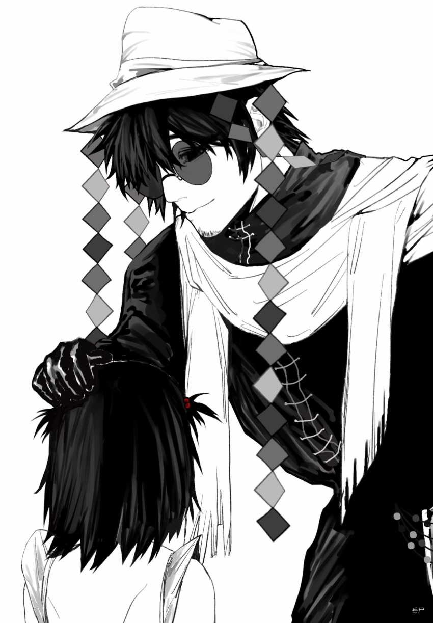 1boy 1girl beard_stubble closed_mouth coat facial_hair gloves greyscale hair_bobbles hair_ornament hand_on_another&#039;s_head hat highres huai_huizhi huai_yunqing long_sleeves monochrome round_eyewear scarf shirt shitizairudong short_hair short_twintails simple_background sleeveless sleeveless_shirt smile spot_color stubble sunglasses touqi_guaitan twintails white_background