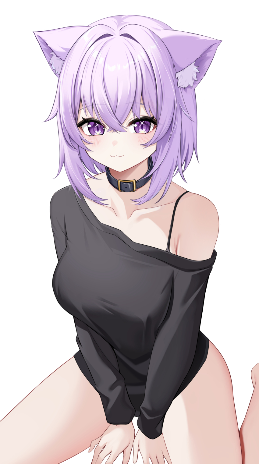 1girl :3 absurdres ahoge animal_collar animal_ear_fluff animal_ears barefoot between_legs black_bra black_collar black_shirt bra bra_strap breasts cat_ears cat_girl cat_tail closed_mouth collar commentary_request crossed_bangs double-parted_bangs hair_between_eyes hand_between_legs highres hololive large_breasts long_sleeves looking_at_viewer minase03mio nekomata_okayu no_pants partial_commentary purple_eyes purple_hair shirt short_hair simple_background single_off_shoulder sitting solo tail underwear virtual_youtuber white_background