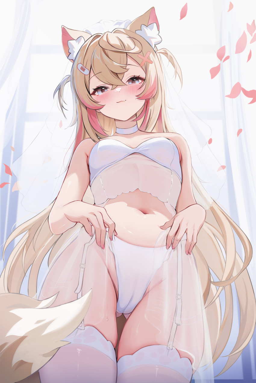 1girl :3 absurdres alternate_costume alternate_hair_length alternate_hairstyle animal_ear_fluff animal_ears bandaid bandaid_hair_ornament blonde_hair blue_eyes blush breasts bridal_lingerie bridal_veil bride cameltoe choker closed_mouth crossed_bangs curtains dog_ears dog_girl dog_tail garter_straps gluteal_fold hair_between_eyes hair_ornament highleg highleg_panties highres hololive hololive_english koahri lingerie long_hair looking_at_viewer mococo_abyssgard multicolored_hair navel panties petals pink_hair small_breasts smile solo standing streaked_hair tail thighhighs two_side_up underwear veil very_long_hair virtual_youtuber white_choker white_garter_straps white_panties white_thighhighs x_hair_ornament