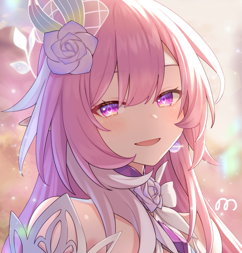 07nono06 1girl absurdres bare_shoulders commentary_request cyrene_(honkai:_star_rail) cyrene_(ripples_of_past_reverie)_(honkai:_star_rail) diamond-shaped_pupils diamond_(shape) earrings flower hair_flower hair_ornament highres honkai:_star_rail honkai_(series) jewelry light_blush long_hair looking_at_viewer multicolored_hair open_mouth pink_hair pointy_ears portrait purple_flower purple_rose rose single_earring smile solo streaked_hair symbol-shaped_pupils