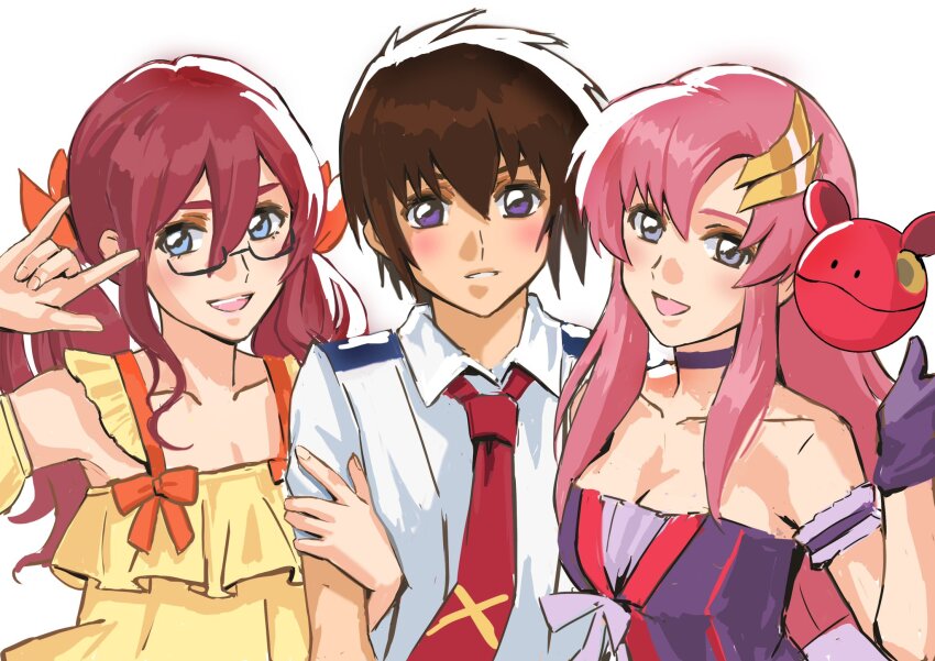1boy 2girls arm_strap bare_shoulders blush bow breasts brown_hair choker cleavage collarbone collared_shirt commentary commission cosplay dress english_commentary flay_allster girl_sandwich gloves gundam gundam_seed hair_ribbon highres holding_another&#039;s_arm kira_yamato lacus_clyne macross macross_frontier medium_breasts multiple_girls necktie nekkikamille orange_bow orange_ribbon parted_lips pink_hair purple_choker purple_dress purple_eyes purple_gloves ranka_lee ranka_lee_(cosplay) red_hair red_necktie ribbon sandwiched saotome_alto saotome_alto_(cosplay) sheryl_nome sheryl_nome_(cosplay) shirt short_hair small_breasts smile strapless strapless_dress white_background white_shirt yellow_dress