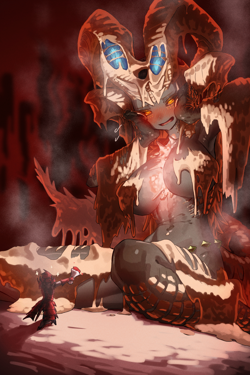 1boy 1girl absurdres blush bouquet breasts colored_skin dragon_girl dragon_horns ekrea_jan embarrassed flower giant giantess glowing gold grey_skin highres holding holding_bouquet horns kulve_taroth large_breasts melting molten monster_girl monster_hunter:_world monster_hunter_(character) monster_hunter_(series) navel outstretched_arms personification rathalos_(armor) steam stomach