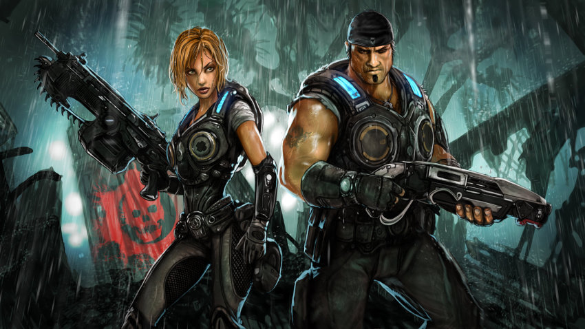 1boy 1girl anya_stroud armor bandana blonde_hair gears_of_war gun highres manly marcus_fenix muscular rain tattoo weapon
