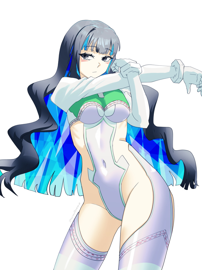 1girl absurdres black_hair blue_hair boots breasts colored_inner_hair cosplay covered_navel dantonphanton eyeliner fate/grand_order fate_(series) gloves grey_eyes highres juliet_sleeves kukulkan_(fate) kukulkan_(fate)_(cosplay) kukulkan_(second_ascension)_(fate) leotard long_hair long_sleeves looking_at_viewer makeup multicolored_hair puffy_sleeves shrug_(clothing) sideless_outfit sidelocks small_breasts solo tenochtitlan_(fate) thigh_boots thighs white_boots white_gloves white_leotard white_shrug